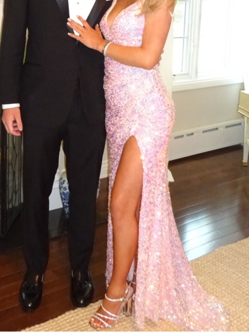 Jovani Sequined V-Neck rhinestone Spaghetti Strap Gown/Prom Dress- Pink - Picture 5 of 12